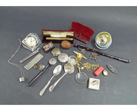 Selection of interesting small items to include assorted silver trinkets, chrome cased pocket watch, spectacles, Hohner minia