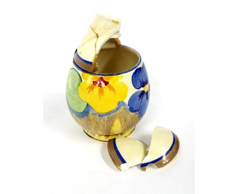 Clarice Cliff Bizarre 'Delecia Pansies' daffodil preserve pot and cover, 5" high (lid at fault)