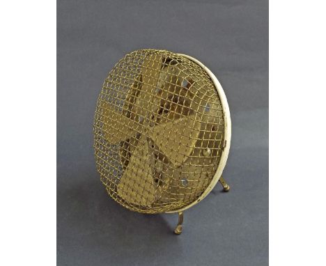 Vintage industrial factory easel fan with brass mesh and steel surround, 10" diameter