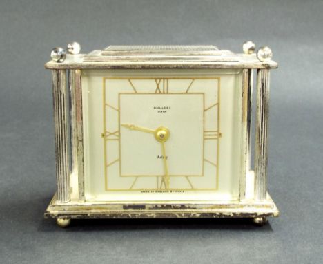 Silver plated eight day mantel clock inscribed Mallory, Bath, the square dial with Roman numerals set within an architectural