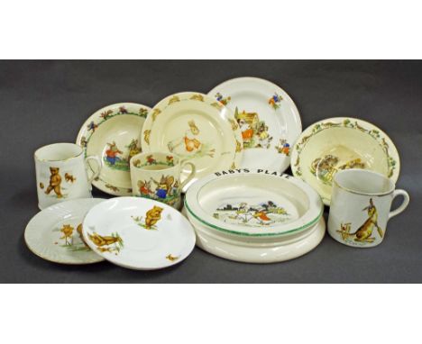 Cricket interest - small collection of mugs, plates and bowls decorated with images of animals playing cricket (10)