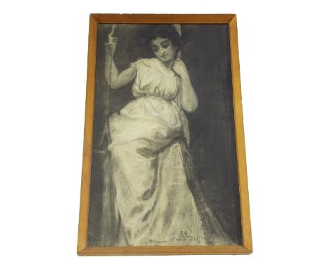 J*W* Lee - full length portrait of a lady on a swing, signed, charcoal study, 23.5" x 14", framed