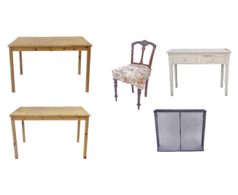 Pair of stripped pine refectory tables, 47" long, 29" high; together with mesh fireguard, single Edwardian salon chair and pa