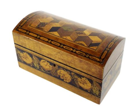 19th century Tunbridge Ware rectangular dome top box, the top with a parquetry panel within geometric borders, the base with 