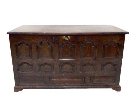 Good antique oak five panel coffer of large proportions, inscribed in studs 'M I', 62" wide, 36" high