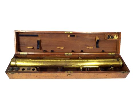 Chadburn Bros, Sheffield large brass lacquered telescope in the original mahogany box, 41" long (at fault)