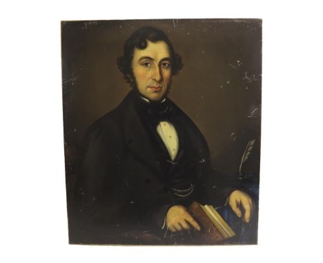 English School (19th century) - Portrait of a gentleman, seated half length wearing a black coat, waistcoat and watch chain, 