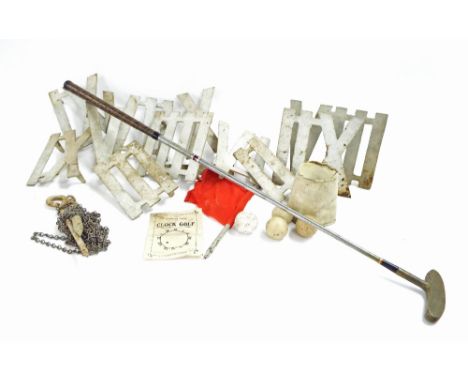 Vintage set of 'Clock Golf' equipment to include putter, metal numerals, balls, flag, chain and rules