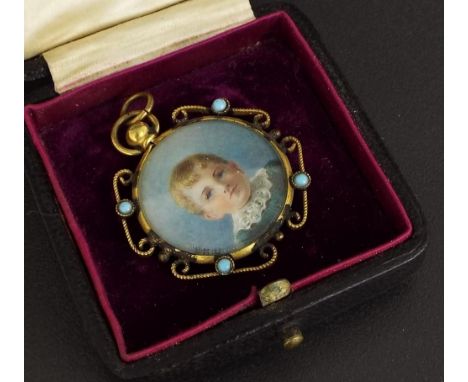 19th century gilt metal turquoise set miniature pendant, inset with a circular portrait of a young boy, initialled 'A.W.H', 3