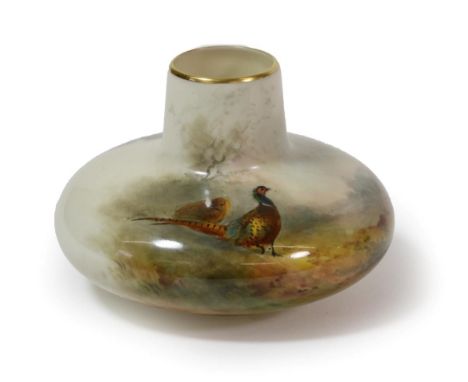 A Royal Worcester Porcelain Vase, painted by James Stinton, 1925, of squat ovoid form with tapering neck, painted with pheasa