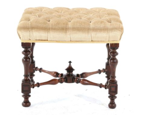 A Victorian Rosewood Spindle Turned Dressing Stool, mid 19th century, later recovered in button velvet, with turned stretcher