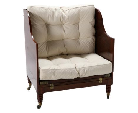 A Late Regency Mahogany Campaign Bed, 2nd quarter 19th century, the hinged back support and wings above a folding base, on ri