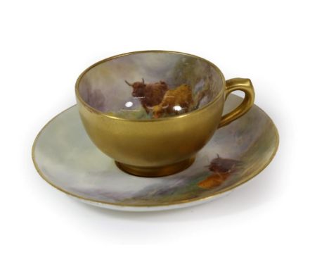 A Royal Worcester Porcelain Miniature Cabinet Cup and Saucer, by Harry Stinton, circa 1919, painted with highland cattle in a