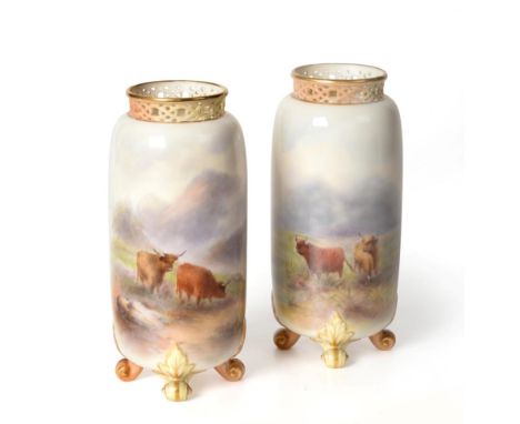 A Pair of Royal Worcester Porcelain Vases, by Harry Stinton, 1906, of rounded cylindrical form with reticulated neck and leaf