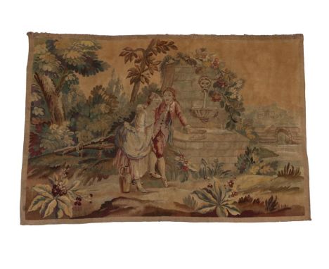 Flemish or Aubusson Tapestry, late 18th/early 19th century Woven in wool, depicting a lady and gentleman by a classical fount