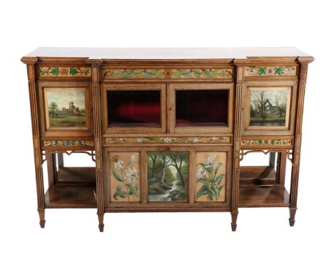 An Arts &amp; Crafts Rosewood and Polychrome Decorated Breakfront Sideboard, late 19th century, the floral decorated frieze a