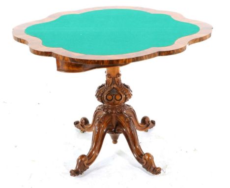 A Victorian Burr Walnut Serpentine Shaped Foldover Card Table, 3rd quarter 19th century, with moulded edge and hinged leaf en