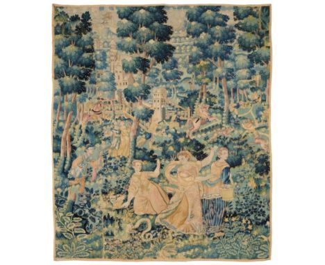Flemish Tapestry Panel, 17th century Woven in silk and wool depicting a group of ladies picking flowers startled by a serpent