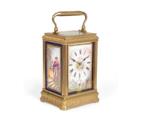 A Brass Engraved Porcelain Mounted Striking and Repeating Carriage Clock with Alarm, signed Drocourt, circa 1890, elaborately