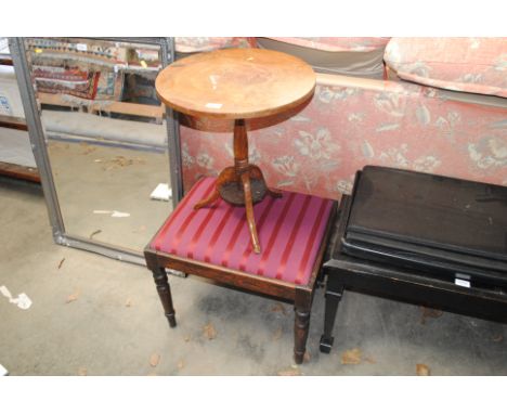 A dressing table stool raised on ring turned supports and circular table raised on tripod base