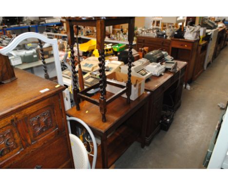 Two oak occasional tables, a folding stool, cheval mirror and a standard lamp
