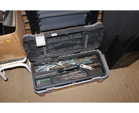 A Stanley tool box and contents of tools to include Makita charger and batteries