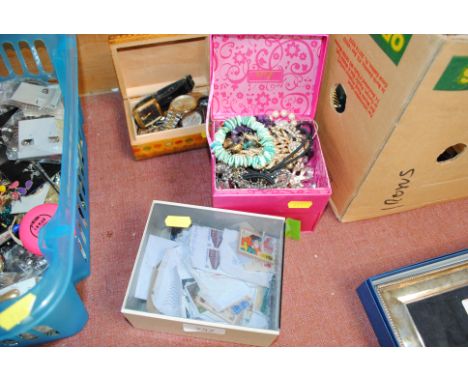 A wooden trinket box and contents of wrist watches; a jewellery box and contes of costume jewellery and a box of loose stamps
