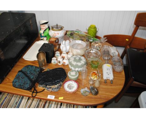 Two 10KW light bulbs, beadwork evening bag, various crested china, Wedgwood Jasperware, Art Glass ware, Royal Doulton Harvest