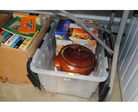 A box containing kitchen scales and other kitchenalia