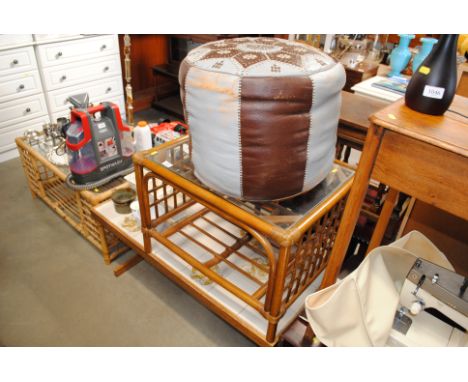 A tile topped coffee table, a cane and glass topped coffee table and a pouffe