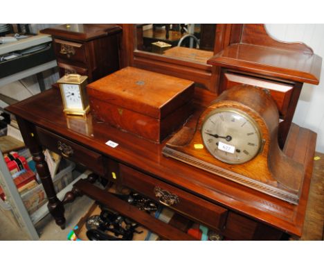 A Collis & Russell of Ipswich oak cased two hole mantel clock, a writing box AF and a Seiko clock