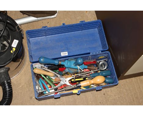 A plastic tool box and contents of hand tools 