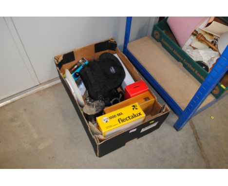 A box of sundries to include Sony Digital Handycam, silver plated tea caddy, hip flask etc.
