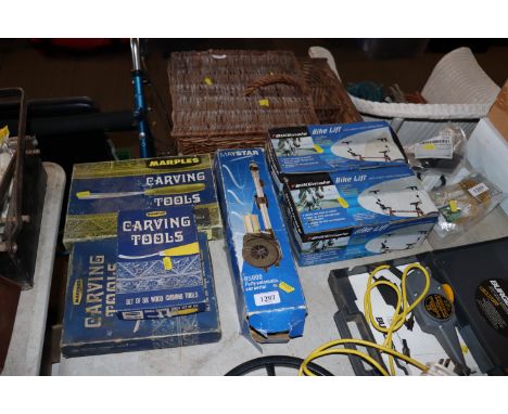 Two BikeMate bike lifts, a fully automatic car aerial and three boxes of Marples carving tools