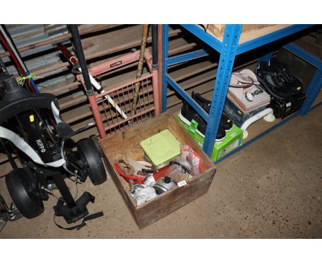 A Port Wine advertising crate and contents of various hand tools etc; a sack barrow; and two walking sticks 