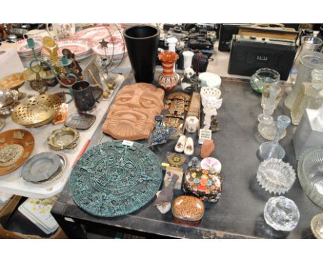 A collection of various ornaments, glass paperweight, wall plaques, Russian model of a Panda bear, trinket boxes etc.