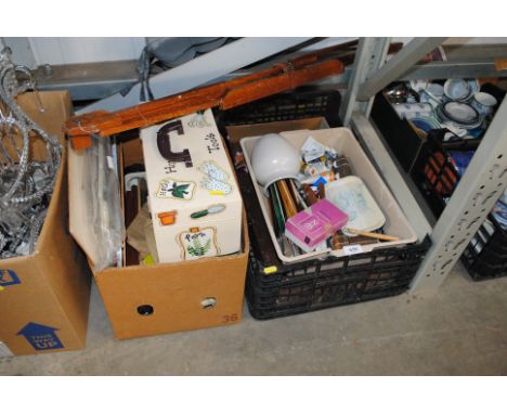 Two boxes of various artists materials, easel etc.