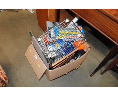 A box of various sundries to include hand tools, camera, Rubik's cube etc.