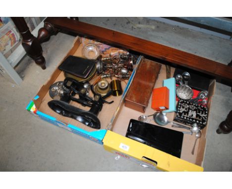 A box containing various cutlery, Mother of Pearl inlaid box, a Casio digital camera, Apple iPad AF, a box containing scales 