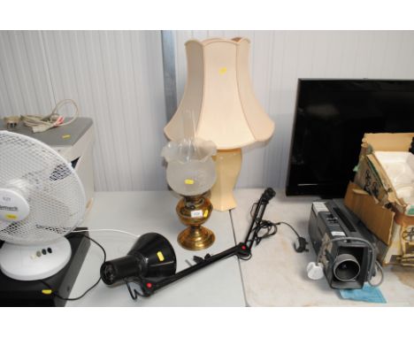 A table lamp, brass oil lamp and an Angle Poise style lamp