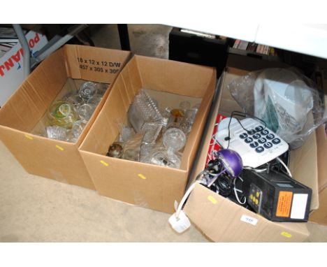 Two boxes of table glass ware. a box of electrical items to include Roberts radios, Kings audio speaker, kettle, Big Button t