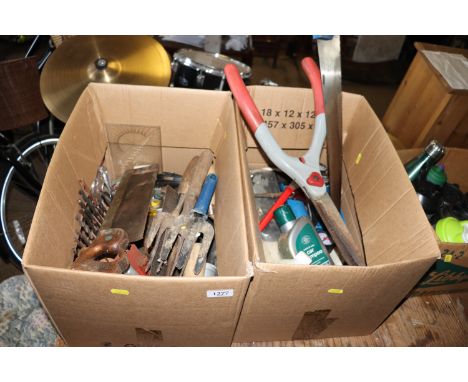 Two boxes containing various gardening and hand tools