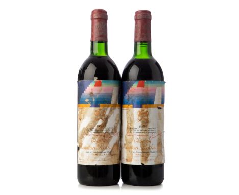 Two bottles of Château Mouton Rothschild 1984, Pauillac, France.Category: Red wine.75 cl.With damage to the labelling.Grade: 