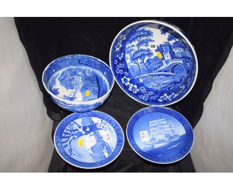 A Copeland Spode 'Tower' pattern large circular fruit bowl; a Staffordshire blue and white fruit bowl decorated landscape sce