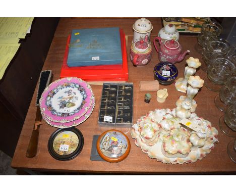 Two Japanese tea pots; two boxed sets of silver plated doll's house furniture; Royal Doulton and Spode collectors' plate, inc