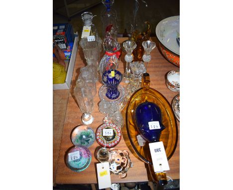 A quantity of crystal and other glass, including: paperweights; vases; ornaments; a Waterford candlestick; etc.