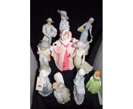 Eight Nao figures by Lladro, to include: a pair male and female feeding geese; a shepherd and shepherdess; and two Royal Doul