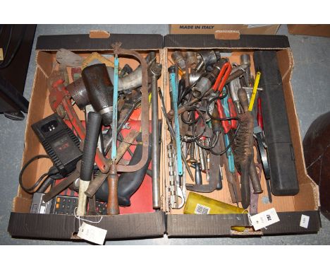 Hand tools and electrical tools, to include: clamps; drills; spanners; etc., in two boxes.