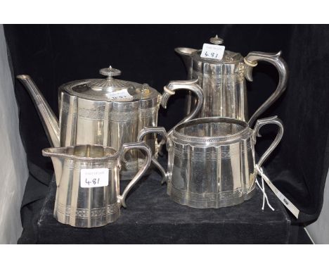 A four-piece Britannia metal Victorian tea service, comprising: teapot, hot water jug, sugar bowl and cream jug.