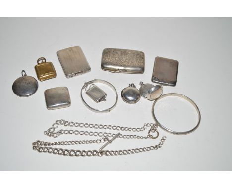 Silver and other items to include: two match book cases, three sovereign case, two Albert chains, two bangles, a stamp case, 